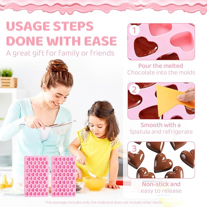 2PCS Silicone Molds for Chocolate,Heart Molds,Reusable Candy Molds with Heart Symbols,Mini Size Heart for Birthday Cake Lollipop Fondant Chocolate