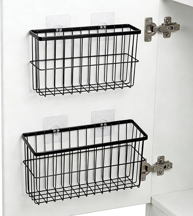 FAMNONE 2 Pack Adhesive Cabinet Door Organizer – 5.9” Deep Lid Organizer for Cabinet, No Drill Wall Mounted Storage Box for Pantry Door, Kitchen & Bathroom Space Saving Organizer