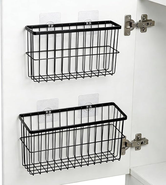 FAMNONE 2 Pack Adhesive Cabinet Door Organizer – 5.9” Deep Lid Organizer for Cabinet, No Drill Wall Mounted Storage Box for Pantry Door, Kitchen & Bathroom Space Saving Organizer