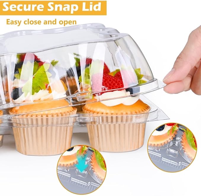 Plastic Cupcake Containers 12 Count (12 Sets), Stackable Cupcake Boxes Holders with Tall Dome Lid, Disposable Cupcake Carrier Trays Include 150 Cupcake Liners