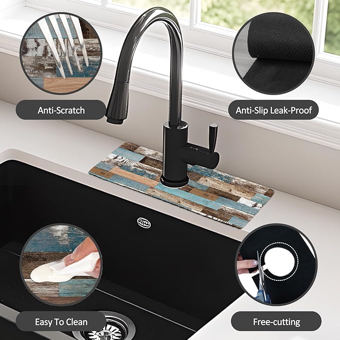15" X 5.5" Kitchen Sink Splash Guard Faucet Mat Wood Grain Super Absorbent Fast Drying Faucet Guard & Draining Mat Sink Splash Guard Behind Faucet for Kitchen, Bathroom