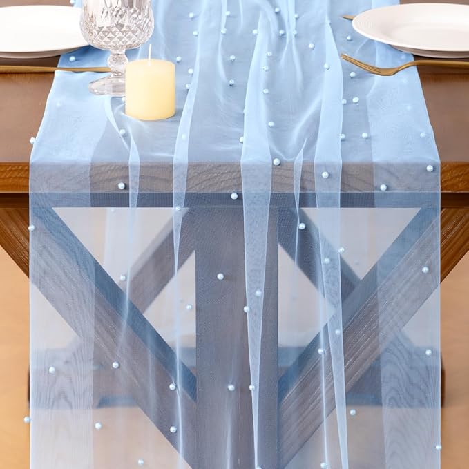 Socomi Pearl Table Runner Tulle Summer Cheesecloth 10FT Gauze Cheese Cloth Sheer Chiffon Wedding Birthday Party Baby Shower Bridal Anniversary Holiday Centerpiece Table Decor 3pcs Blue