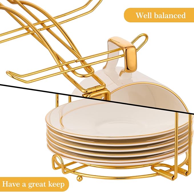 Teacups and Saucers Display Stand, Tea Cup Holder, Metal Foldable Storage Rack for Espresso and Cappuccino Cup - Gold