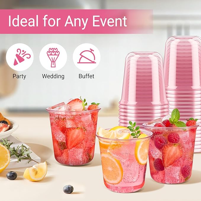 Soelomu 12 oz Pink Plastic Cups, 50 Pcs Disposable Stemless Wine Glasses Cocktail Party Cups for Mother's Day Wedding Birthday Meeting Gathering