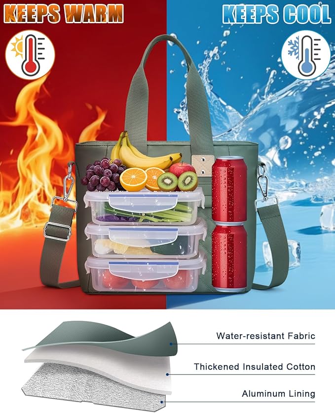Capolo Insulated Lunch Box for School - Large Thermal Lunch Bag Women with Removable Shoulder Strap, Reusable Lunch Cooler Tote Bags Purse for Adults Work, Picnic, Hiking, Beach, Travel, LargeGreen