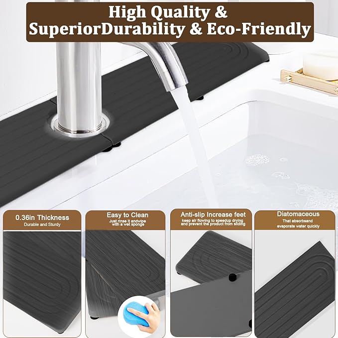 Fast Drying Faucet Mat for Kitchen Sink - 24 Inch Quick Dry Stone Diatomite Faucet Splash Guard & Drip Catcher with Sponge Foot Pads for Kitchen Sink, Bathroom Tray Counter Prevents Moisture Buildup