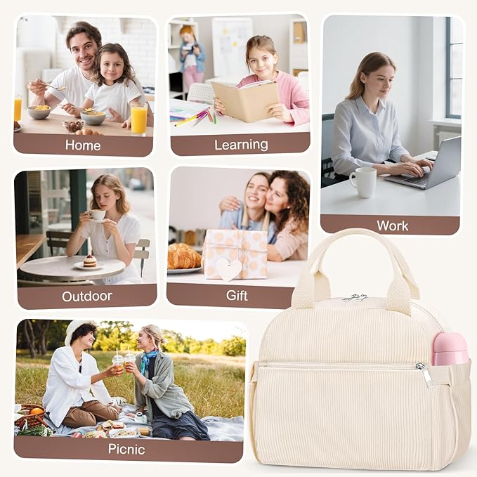 KUBYA Lunch Bag Lunch Box for Women, Cute Corduroy Insulated Reusable Work Leakproof Simple Adults Large Lunch Boxes Tote Bag Men Cooler Bag