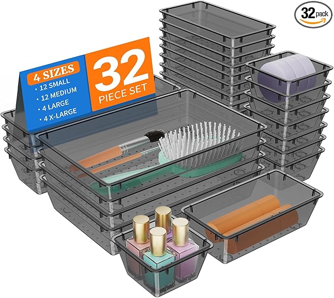 StorMiracle 32 PCS Clear Plastic Drawer Organizer Set, 4-Size vanity organizer Trays and Storage Bins for Makeup, Jewelry and Gadgets in Bedroom, Bathroom and Office, Clear Black