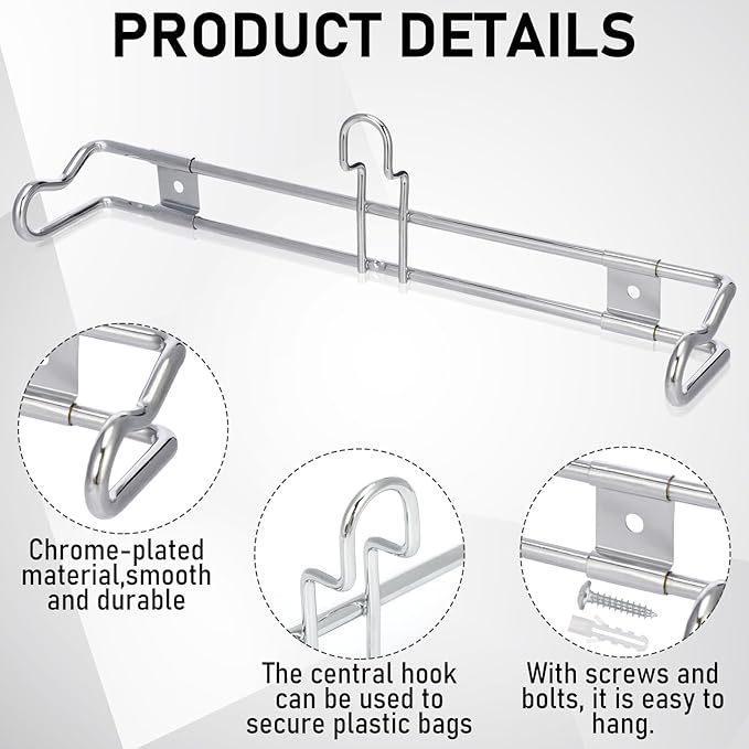 3 Pack Wall Mount Plastic Grocery Bag Holder T-shirt Bag Rack with Screws Chrome Metal Dispenser for Supermarket Store Restaurant Organization