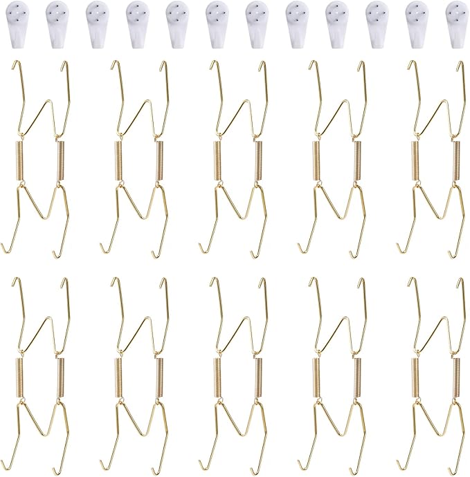 10 Piece Plate Hangers, 5 Inch Invisible Brass Wall Plate Hangers, Comes with 12 Piece Wall Hooks for Decorative Plates