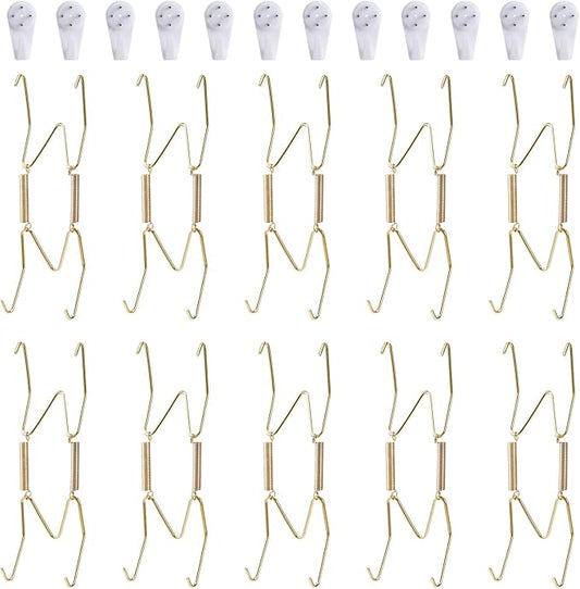 10 Piece Plate Hangers, 5 Inch Invisible Brass Wall Plate Hangers, Comes with 12 Piece Wall Hooks for Decorative Plates