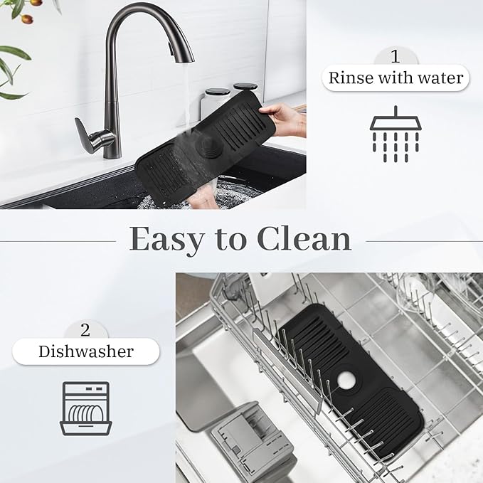 PoYang 14.6 Inch Faucet Mat for Kitchen Sink Splash Guard Behind Faucet, Sink Protectors for Kitchen Sink Faucet Mat Splash Guard for Kitchen Sink Area, Short Silicone Faucet Guard Draining Mat, Black