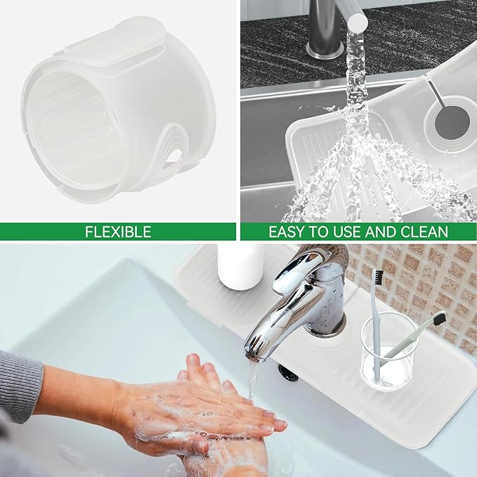 Toovem Kitchen Faucet Sink Splash Guard,14.5x5.5in Silicone Faucet Water Catcher Mat, Faucet Handle Drip Catcher Tray,Soap Sponge Holder for Kitchen, Bathroom, Farmhouse, Countertop Protect, Clear
