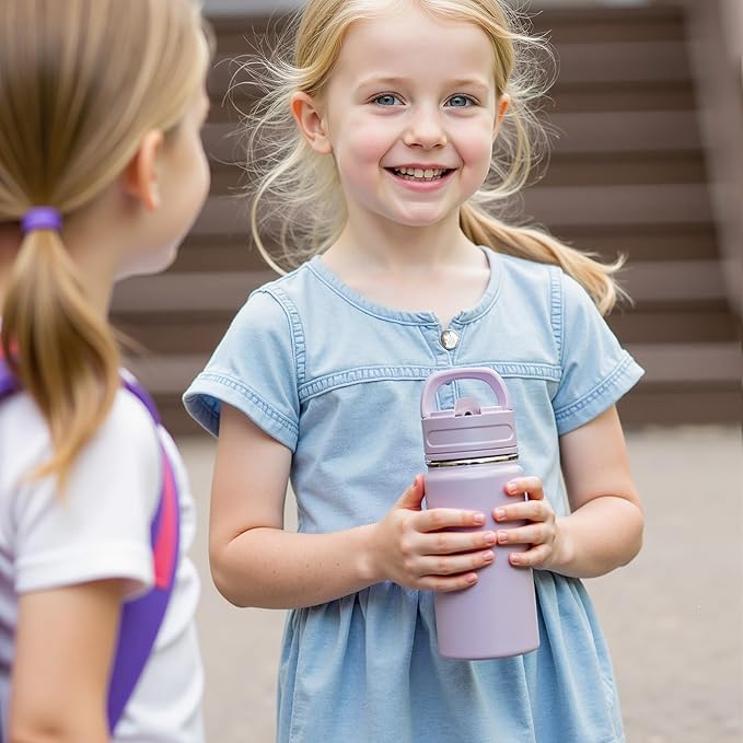 Fijinhom 12oz Water Bottle for School, Bottles with Straws, Stainless Steel Vacuum Insulated Water Bottle, Leak-Proof, BPA-Free, Pink Rabbit