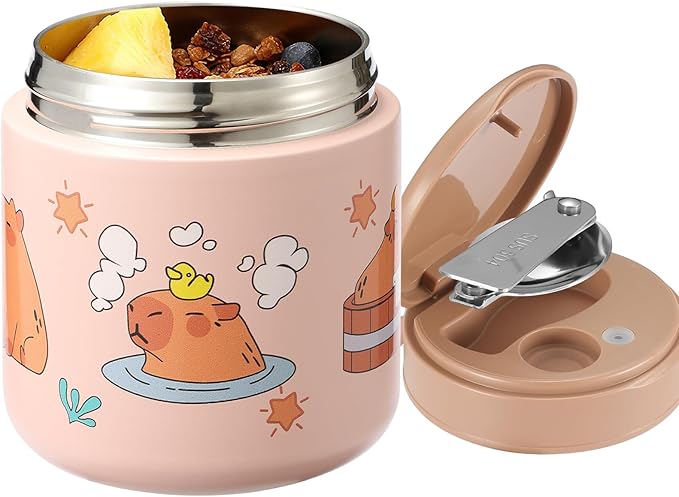 Kids Thermo Food Jar for Hot Food, 15.2 oz Vacuum Insulated Hot & Cold Lunch Container with 316 Stainless Steel Interior, Wide Mouth Soup Jar for School (Capybaras Pink)