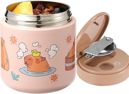 Kids Thermo Food Jar for Hot Food, 15.2 oz Vacuum Insulated Hot & Cold Lunch Container with 316 Stainless Steel Interior, Wide Mouth Soup Jar for School (Capybaras Pink)