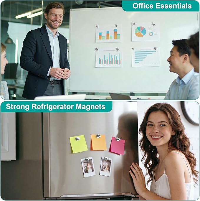 Metallic Magnets, Refrigerator Magnets, 60 Pack Silver Magnetic Push Pins, Strong Fridge Magnets, Multi-use Whiteboard Magnets Perfect for Kitchen Office Classroom