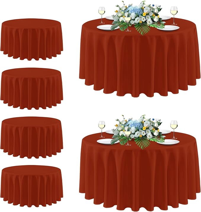 sancua Thanksgiving Round Tablecloth 108 Inch Diameter, 6 Pack Rust Circle Polyester Fabric Fall Table Cloth for Holiday Party Reception, Washable Burnt Orange Table Cover (Fit 42-96 Inch Tables)