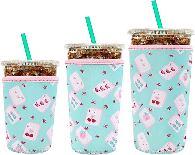 YR Reusable Neoprene Insulator Sleeve for Iced Coffee Cups, 3 Pack Coffee Coolies sleeves for Iced & Hot Drinks, Cold Beverage Cooler Compatible with Starbucks Coffee and More (Cute Mahjong)