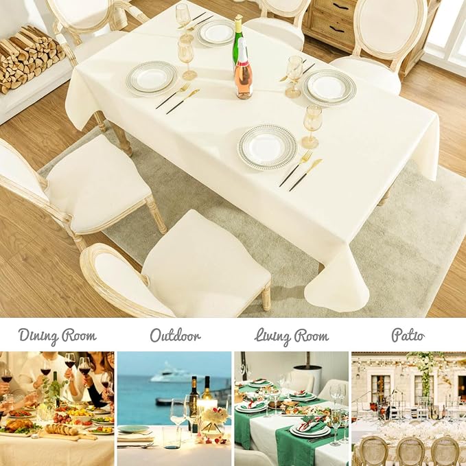 Veblandy Rectangle Tablecloth 60x84 inch Linen Textured Waterproof Table Cloth Stain and Wrinkle Resistant Washable, Decorative Fabric Table Cover for Outdoor and Indoor Use, Ivory