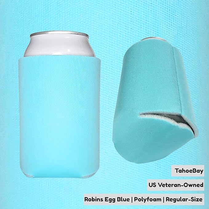 TahoeBay Bulk Blank Beer Can Cooler Sleeves (50-Pack) Sublimation Blanks for Vinyl Plain Soft Foam Can Sleeves Coolers for Soda Cans & Bottles Black, White, Assorted Solid Color (Robins Egg Blue)