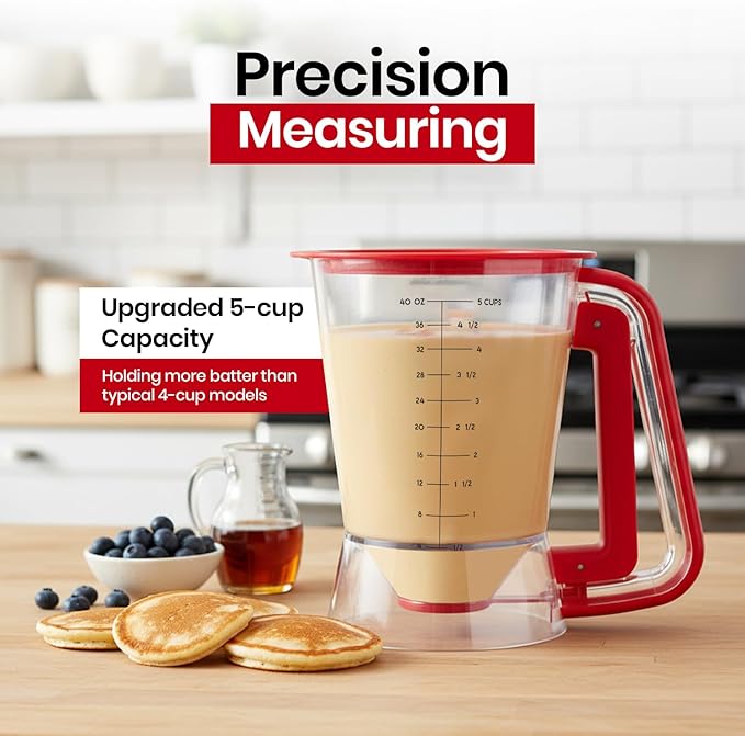 Eggssentials - Pancake dispenser, 5-Cup/1200ml Pancake Dispenser for Batter, Cupcake Batter Dispenser, Waffles & Crepes, Easy Squeeze Handle, Dishwasher Safe - Red Pancake Mix Dispenser
