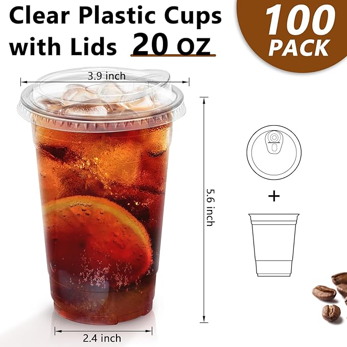 Clawsoff 20 oz 100 Pack Clear Plastic Cups with Lids, Sturdy Iced Coffee Cups with Sip Lids, Disposable Food Safe Smoothie Cup for Cold Drinks, Juice, Milkshake