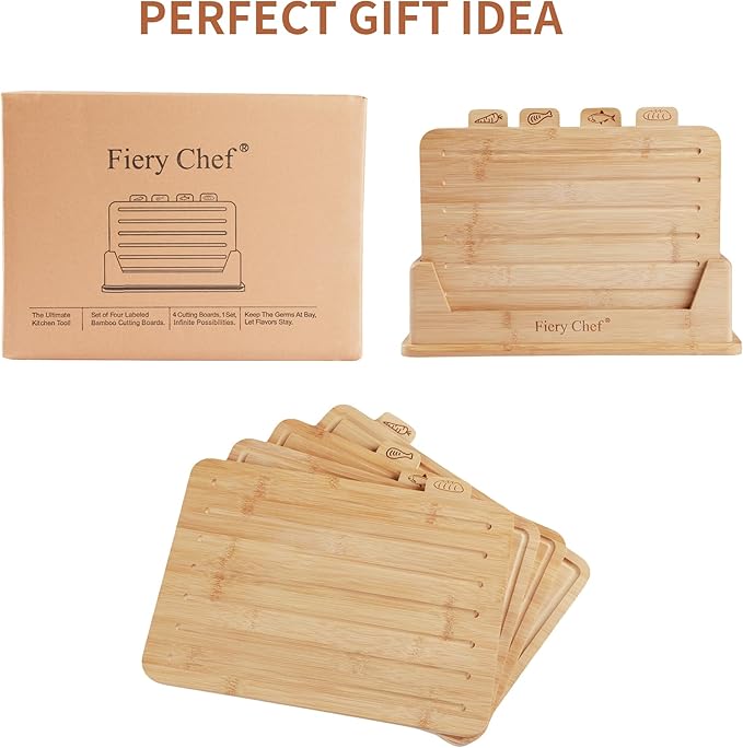 12.6"L x 9"W Bamboo Cutting Board Set of 4 - Wood Cutting Board Set with Holder, Chopping Boards Set with Food Icons, Juice Groove - Ideal for Meat, Fish, Bread, Vegetable, Fruit Chopping
