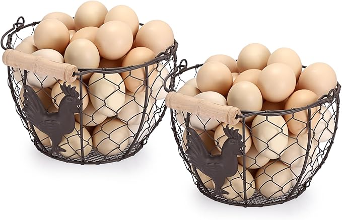 2 PCS OGANAZI Farmhouse Egg 8'' Basket for Gathering Fresh Eggs, Rustic Metal Wire Chicken Eggs Holder Basket for Countertop Kitchen, Wire Egg Basket Vintage Style, Round, Rooster Pattern