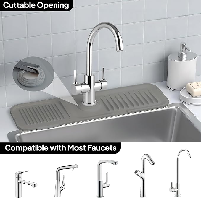 17 Inch Silicone Faucet Mat for Kitchen Sink Splash Guard & Draining Tray Sink Protector with Soap & Sponge Holder Grey (Purest Peak)