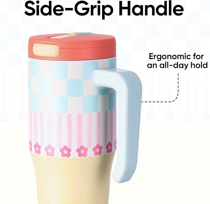 Fijinhom 25 oz Insulated Tumbler with Handle, Stainless Steel Insulated Water Bottle Coffee Mug with Straw, Coffee Cups, Cute Water Bottle for Sports, Travel, Lunch, Checkered Petal