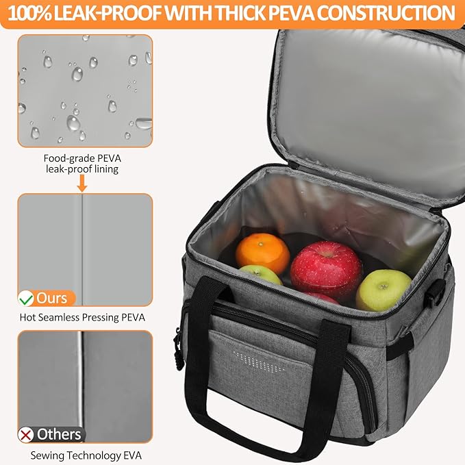 Vankor Lunch Box for Men Women, Large Double Layer Insulated Lunch Bag Tote Expandable Leakproof Waterproof Cooler Bag with Adjustable Shoulder Strap for Work Office Picnic Travel, Grey