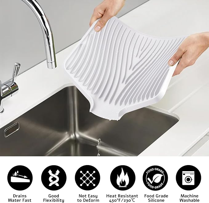 Silicone Dish Drying Mat, Stone Drying Mat for Kitchen Counter with Built-In Drain, Non-Slip Drain Pad with Built-in Drain, Heat Resistant Stone Drying Mat, Hangable, White-2pcs, 16" x 12"