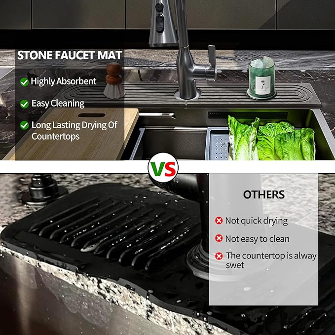 Stone Faucet Mat For Kitchen Sink, 15.7" Diatomite Fast Drying Stone Kitchen Sink Mat, Super Absorbent, Sink Stone Quick Dry Around Faucet, Sink Splash Guard For Bathroom (Gray)