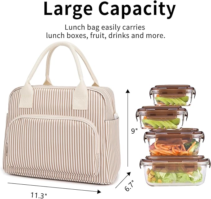 Lunch Bag Women Lunch Box for Women Adult Cute Insulated Lunch Bag Lager Cooler Lunch Tote Bags for Work Picnic (Brown Stripes)