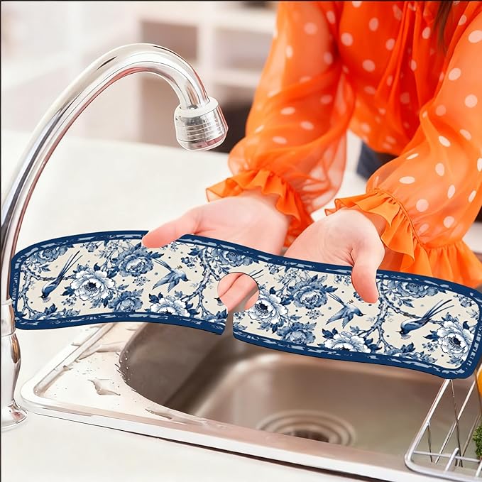 2 Pcs Kitchen Sink Splash Guard Faucet Mats Vintage Porcelain Flowers and Birds Pattern Faucet Mat for Sinks Absorbing Drying Mat for Kitchen Bathroom, 23.6x5.5inch