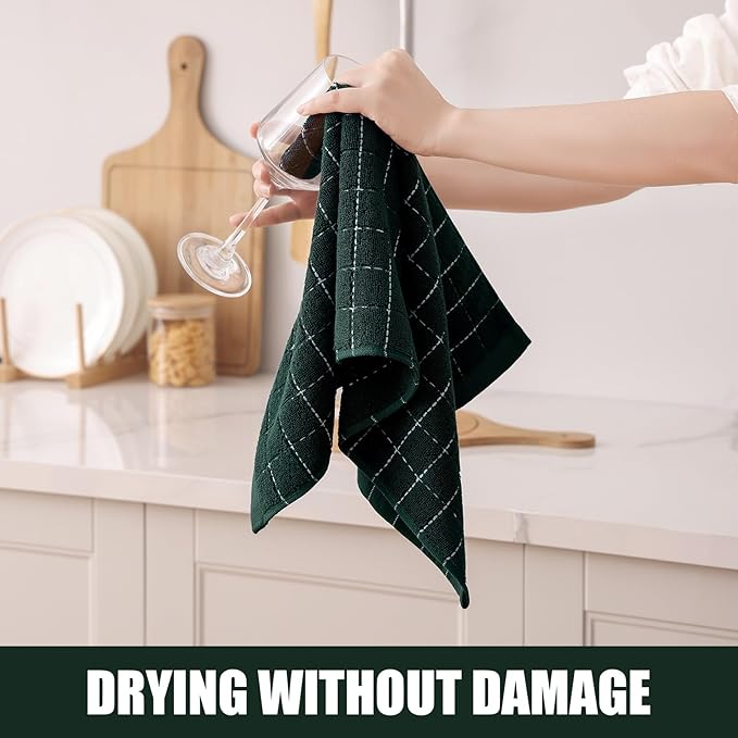 Homaxy 100% Cotton Terry Kitchen Towels(Blackish Green, 13 x 28 inches), Checkered Designed, Soft and Super Absorbent Dish Towels, 6 Pack