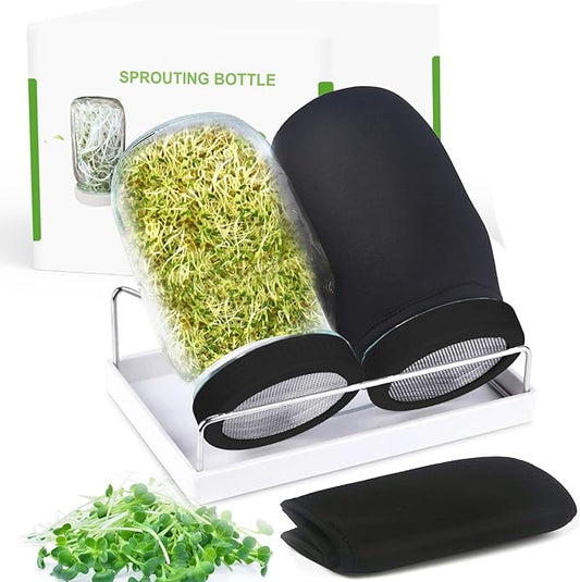 Kitmiido Organic Seed Sprouting Jar Kit – 2 × 32 oz Wide-Mouth Mason Jars with Stainless-Steel Sprouter Lids & Stand, Blackout Sleeves, Drain Tray – Grow Broccoli, Alfalfa & Bean Microgreens