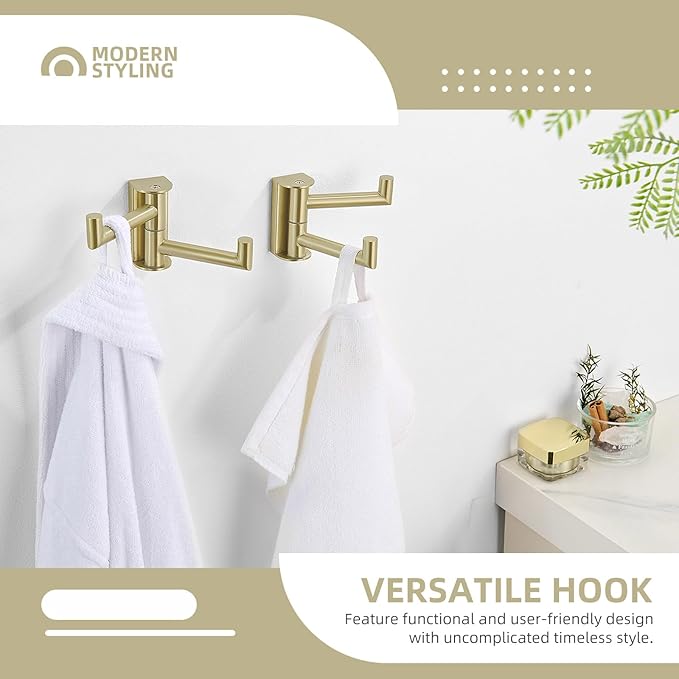 Angle Simple Swivel Hooks for Bathroom, SUS304 Stainless Steel 2 Arms Bath Towel Robe Hook Wall Mount, 2 Pack, Brushed Gold