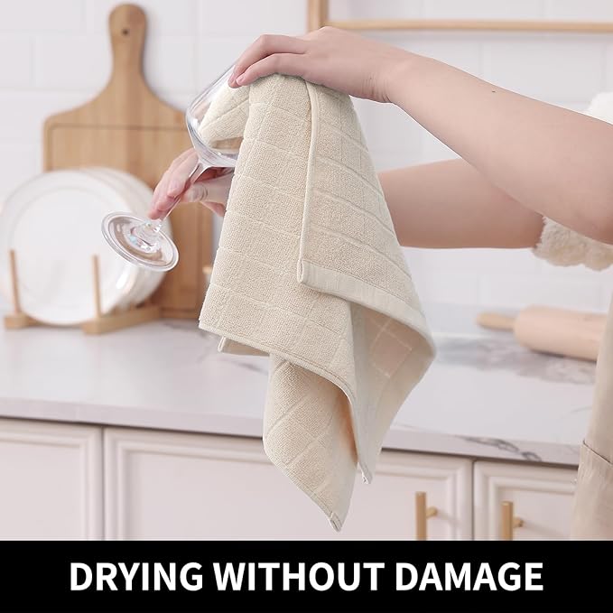 Homaxy 100% Cotton Terry Kitchen Towels(Beige, 13 x 28 inches), Checkered Designed, Soft and Super Absorbent Dish Towels, 5 Pack