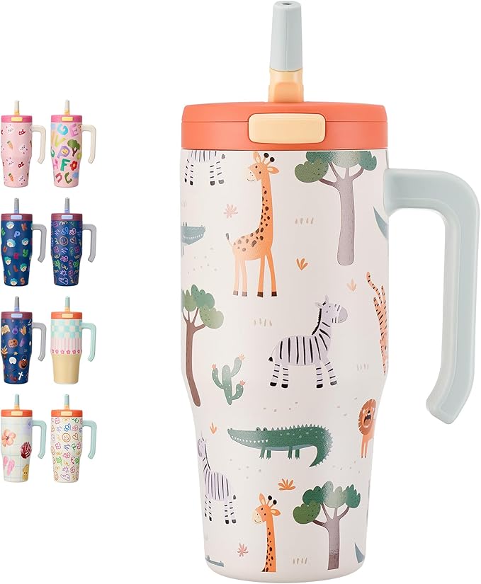 Fijinhom 25 oz Insulated Tumbler with Handle, Stainless Steel Insulated Water Bottle Coffee Mug with Straw, Coffee Cups, Cute Water Bottle for Sports, Travel, Lunch, White Zoo