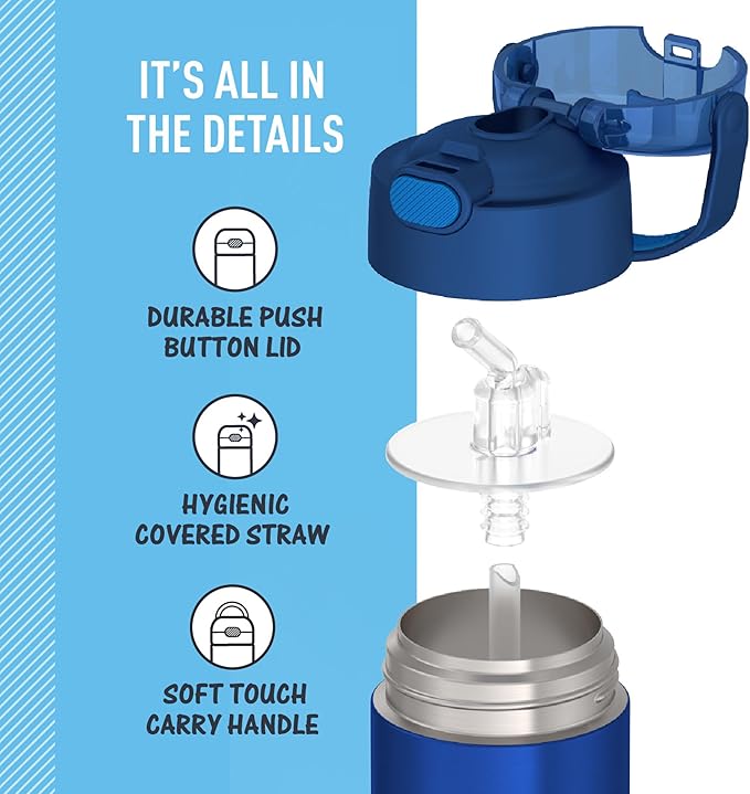 THERMOS FUNTAINER 12 Ounce Stainless Steel Vacuum Insulated Kids Straw Bottle, Blue