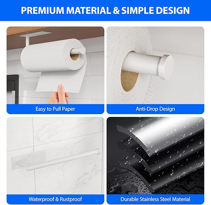 Paper Towel Holder Under Cabinet, Self-Adhesive,No Drilling, Stainless Steel, Wall-Mounted for Kitchen and Bathroom, Easy Install, Durable, Space-Saving, Ideal for Home, RV (White, 2 Pack)