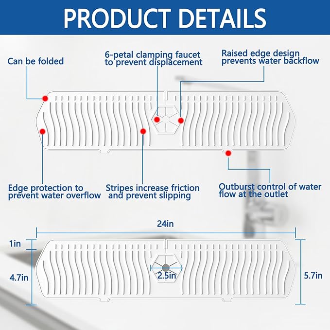 Kitchen Sink Splash Guard-24 x 5.8'' Ultrathin Silicone Sink Mat Splash Guard fit for Countertop, Bathroom,Farmhouse,RV (White)