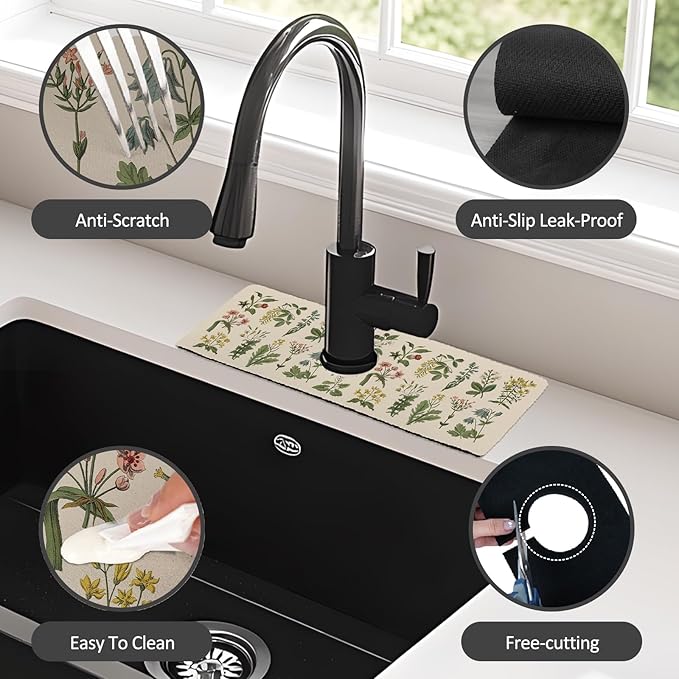 15" X 5.5" Kitchen Sink Splash Guard Faucet Mat Floral Super Absorbent Fast Drying Faucet Guard & Draining Mat Sink Splash Guard Behind Faucet for Kitchen, Bathroom