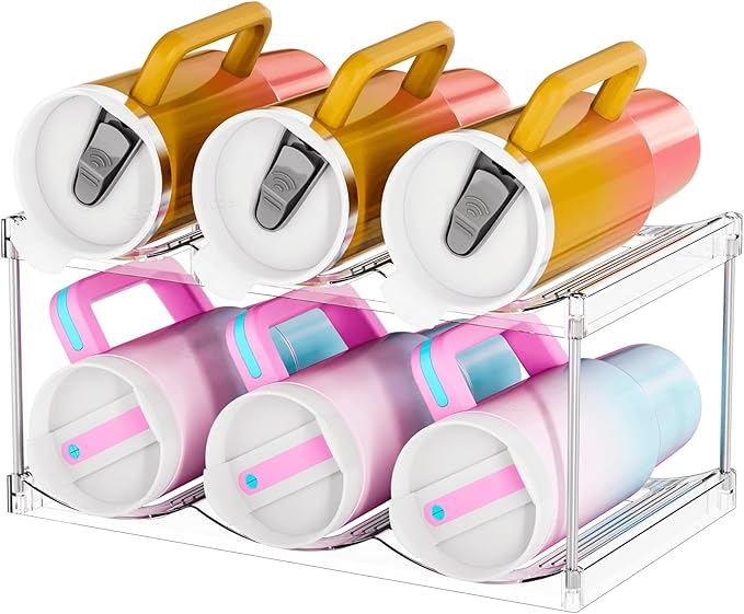 Stackable Water Bottle Organizer for Cabinet,2 Tier Water Bottle Holder for Stanley Yeti 40 oz Bottle Shelf,Clear Tumbler Storage Organizer,Wine Rack,Cup Organizer for Kitchen Cabinets Counter Pantry