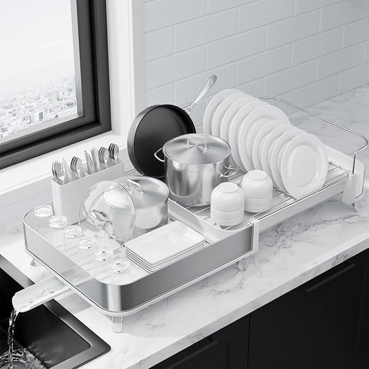 Kitsure Dish Drying Rack - Expandable Stainless Steel Dish Racks for Kitchen Counter, Auto-Drain Drying Rack for Kitchen with Cutlery Holder & Non-Slip Feet, 16.1-26.6" L x 12.6" W, White