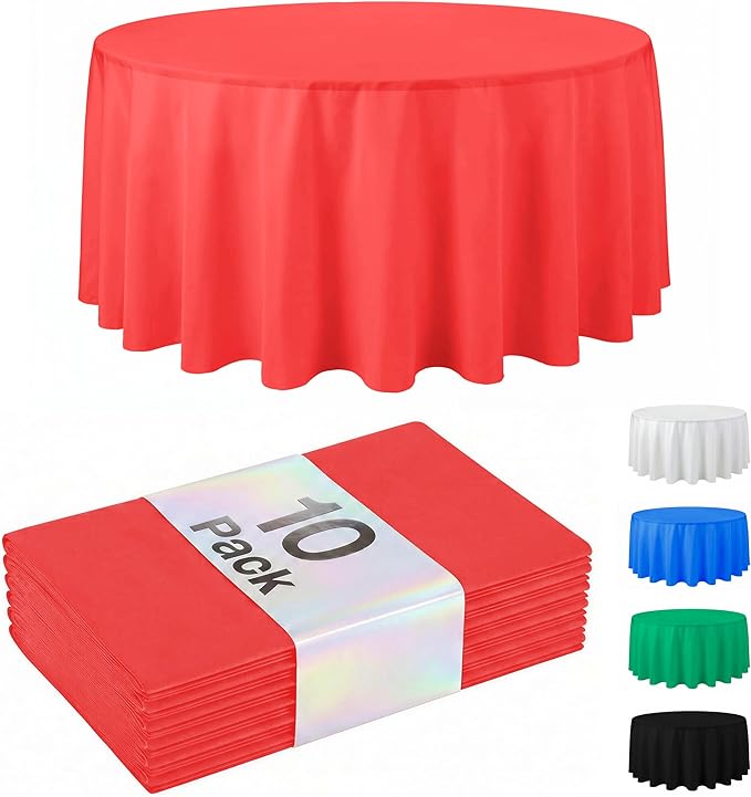 Auros Premium Plastic Tablecloths 10 Pack, 84'' Round Disposable Table Covers, Thick & Durable, Waterproof & Spill-Proof, Easy Cleanup for Parties, Wedding, Picnic, Party Red