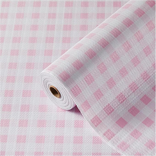 Drawer and Shelf Liner, Non-Slip Kitchen Cabinet Liners Non-Adhesive Thick Strong Grip Waterproof Washable Mats Protect Dresser Shelves Cupboard Bathroom Cabinets, Pink Plaid, 12 in X 10 FT