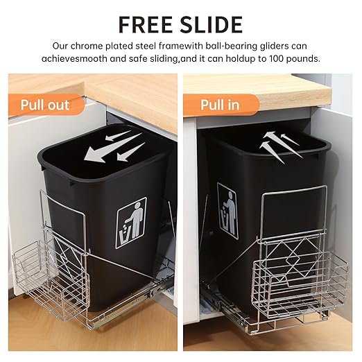 Nuoex Pull Out Trash Can Under Cabinet, Fit Most 7-11 Gallon Garbage Can, Slide Roll Out Rack for Kitchen Trash Can, Under Cabinet Sink Waste Bin Pull Out Slider with Basket (Waste Bin Not Included)